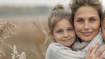 Mother and Daughters Enjoying a Warm Embrace Outdoors in Autumn photo