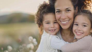 Mother and Daughters Enjoying a Warm Embrace Outdoors in Autumn photo