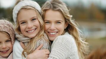 Mother and Daughters Enjoying a Warm Embrace Outdoors in Autumn photo