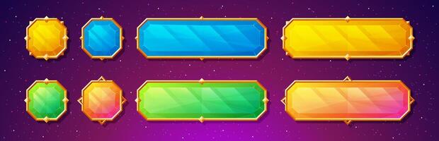 Gemstone buttons with fancy gold frames for games. Cute, colorful crystal banners with gold medieval borders for your user interface. vector