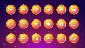 Gemstone buttons with luxury gold frame and set of menu icons for games. Cute and colorful crystals with medieval gold borders for your user interface. vector