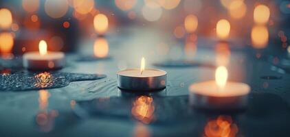 Soft Glowing Candles Illuminating A Dark Surface With Warm Light photo