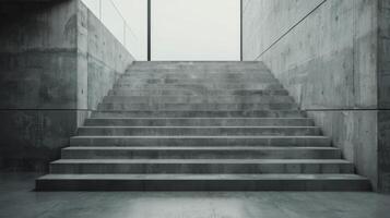 Modern Concrete Staircase With Large Window Overlooking Foggy Landscape photo