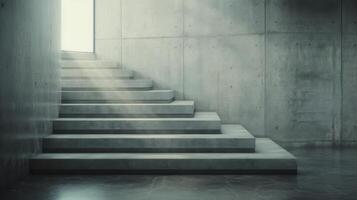 Modern Concrete Staircase With Large Window Overlooking Foggy Landscape photo