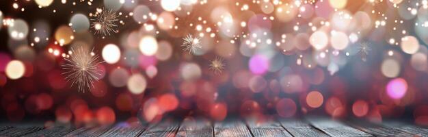 Colorful Fireworks Display Over Blurred Holiday Lights At Night photo