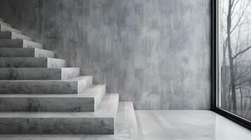 Modern Concrete Staircase With Large Window Overlooking Foggy Landscape photo
