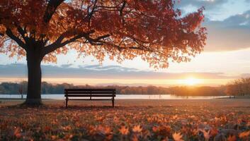 Autumn Sunset Over Park Bench in Open Field photo