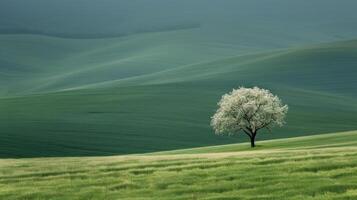 Lonely Blossom Tree on a Rolling Green Hill Under Clear Blue Sky photo