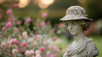 Stone Statue With Hat in Tranquil Garden During Misty Morning photo