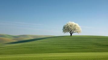 Lonely Blossom Tree on a Rolling Green Hill Under Clear Blue Sky photo
