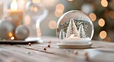 Snow Globe With Christmas Tree and Ornament on Wooden Table During Holiday Season photo