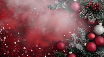 Festive Christmas Decoration With Red and Silver Ornaments on Evergreen Foliage photo