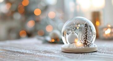 Snow Globe With Christmas Tree and Ornament on Wooden Table During Holiday Season photo