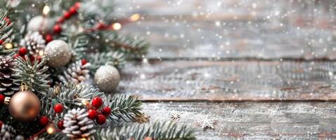 Festive Winter Arrangement With Pine Cones, Berries, and Ornaments Amid Falling Snow photo