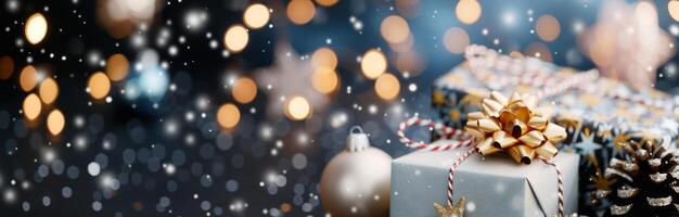 Festive Christmas Gifts Arranged With Decorations on Dark Surface photo