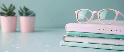 Pink Glasses Resting on Stacked Notebooks With Succulents in Background photo