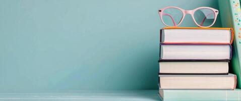 Pink Glasses Resting on Stacked Notebooks With Succulents in Background photo