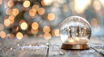 Snow Globe With Christmas Tree and Ornament on Wooden Table During Holiday Season photo