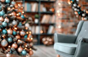 Cozy Living Room With Christmas Tree and Bookshelf Decorated for the Holidays photo