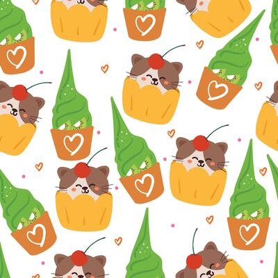 seamless pattern cute cartoon cat with ice cream. cute animal wallpaper illustration for gift wrap paper