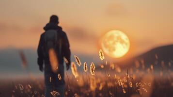 Silhouette of Hiker Against Sunset Over Golden Grasses in Serene Landscape photo