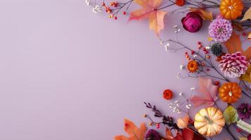 Autumn Floral Arrangement With Pumpkin and Colorful Blooms on Purple Background photo