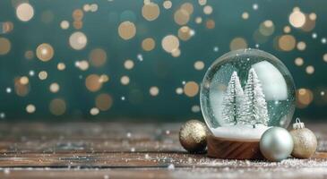 Sparkling Snow Globe With Miniature Trees On Wooden Table During Winter Season photo