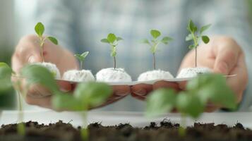 Hands Holding Seedlings on a Tray in Indoor Garden photo