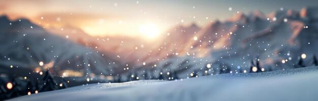 Snow-Covered Mountains at Dusk With Warm Glow in the Valley photo