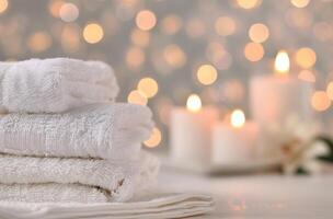 Cozy Spa Setting With Soft White Towels and Flickering Candles at Evening photo