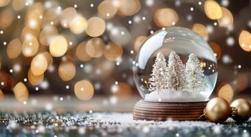 Sparkling Snow Globe With Miniature Trees On Wooden Table During Winter Season photo