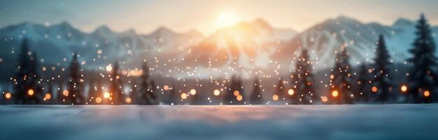 Snow-Covered Mountains at Dusk With Warm Glow in the Valley photo