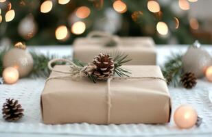 Festive Wrapped Gifts With Pinecones on Snowy Surface Near Christmas Tree photo