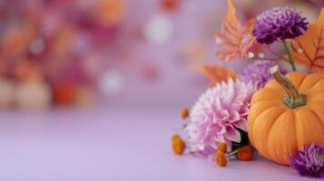Autumn Floral Arrangement With Pumpkin and Colorful Blooms on Purple Background photo