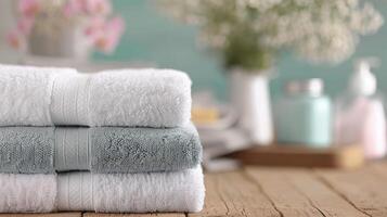 Soft Towels Stacked Neatly on Wooden Table in Cozy Bathroom Setting photo