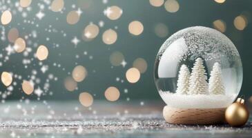 Sparkling Snow Globe With Miniature Trees On Wooden Table During Winter Season photo