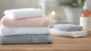 Soft Towels Stacked Neatly on Wooden Table in Cozy Bathroom Setting photo