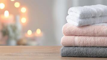 Soft Towels Stacked Neatly on Wooden Table in Cozy Bathroom Setting photo