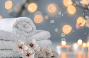 Cozy Spa Setting With Soft White Towels and Flickering Candles at Evening photo