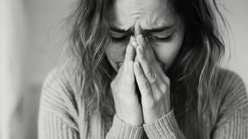 Emotional Woman Covering Face With Hands in Contemplation at Home photo