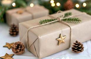 Festive Wrapped Gifts With Pinecones on Snowy Surface Near Christmas Tree photo