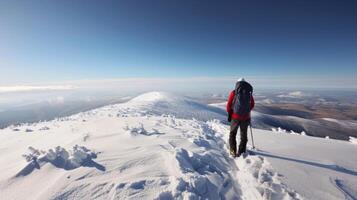 Solo Hiker Exploring Snowy Landscape on a Clear Day photo