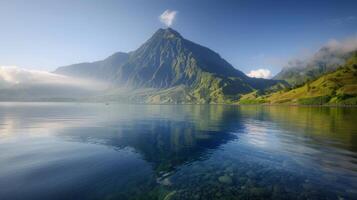 Majestic Mountain Reflected in Calm Lake Under Clear Blue Sky photo