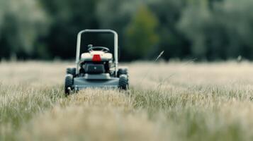 Lawn Mowing at Sunset in a Residential Neighborhood photo