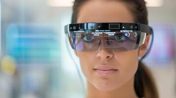 Woman Wearing Advanced Augmented Reality Glasses in a Modern Office Environment photo