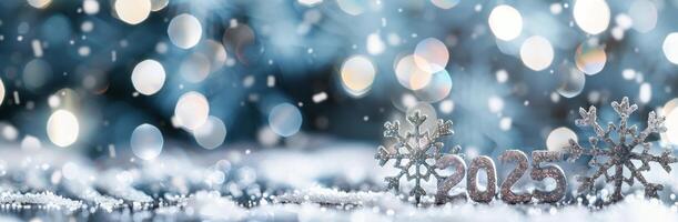 Silver Snowflakes and 2025 Displayed on a Sparkling Surface With Soft Winter Lights photo