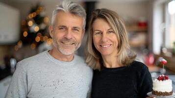 Happy Couple Celebrating Christmas With Cake in Cozy Indoor Setting photo