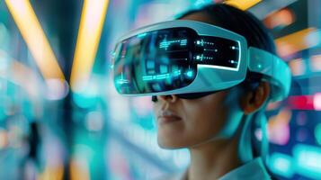 Woman Wearing Advanced Augmented Reality Glasses in a Modern Office Environment photo