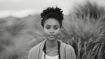 Portrait of a Woman With Natural Hair in a Landscape Setting on a Cloudy Day photo