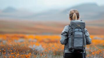 Hiker Exploring Vibrant Meadows Near a Serene Lake in Overcast Weather photo